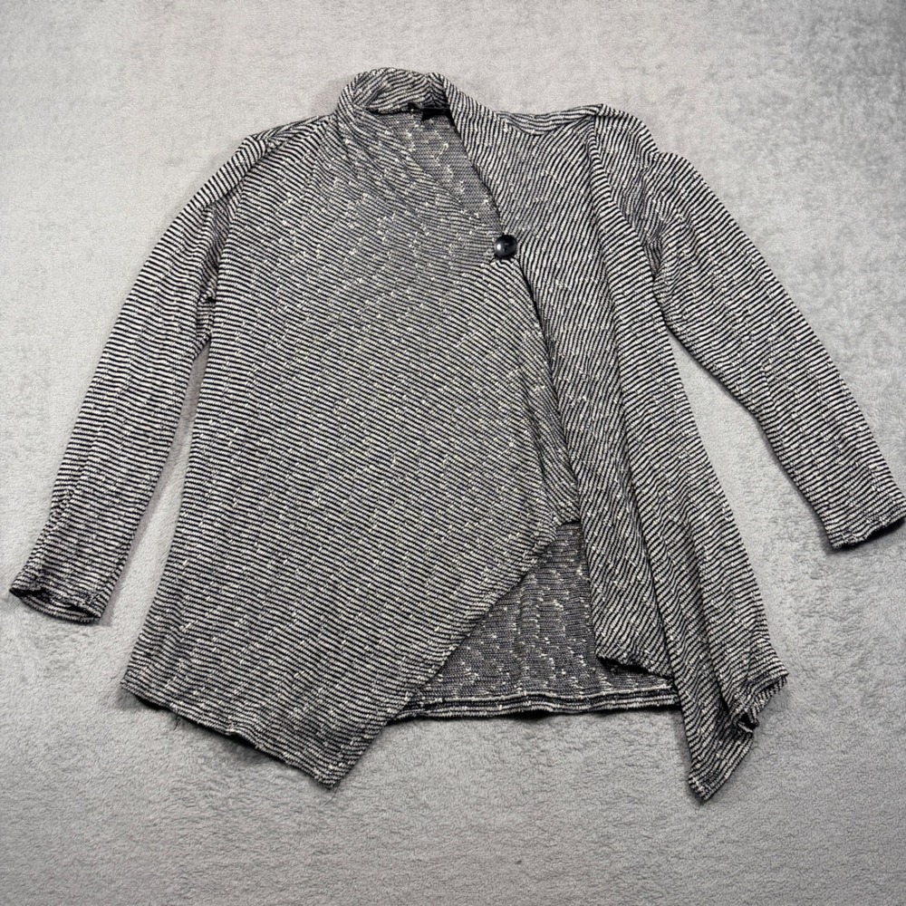 AB Studio Cardigan Women Medium Black White Striped Draped Single Button Layer